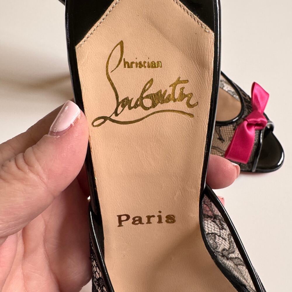 Christian Louboutin Black Lace Pink Accent Bow Peep Toe Mule Slide Size 39 US 9 - Picture 4 of 16